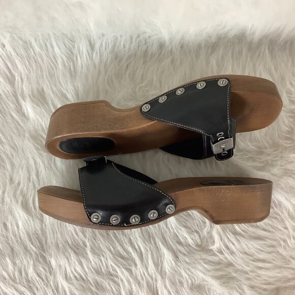 Re/Done x Dr. Scholl's Black Leather Wood Sole Slide Clog Sandals - Picture 6 of 8